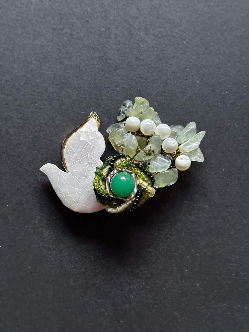 Handmade Dove Brooch Chrysoprase Moonstone Shell Artisan Pin | ReMixed